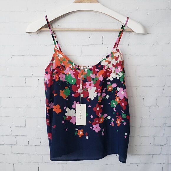 Tucker Camisole Indigo Botanical Falls Silk Crepe Top Size XS Floral Cami NEW - Picture 1 of 6